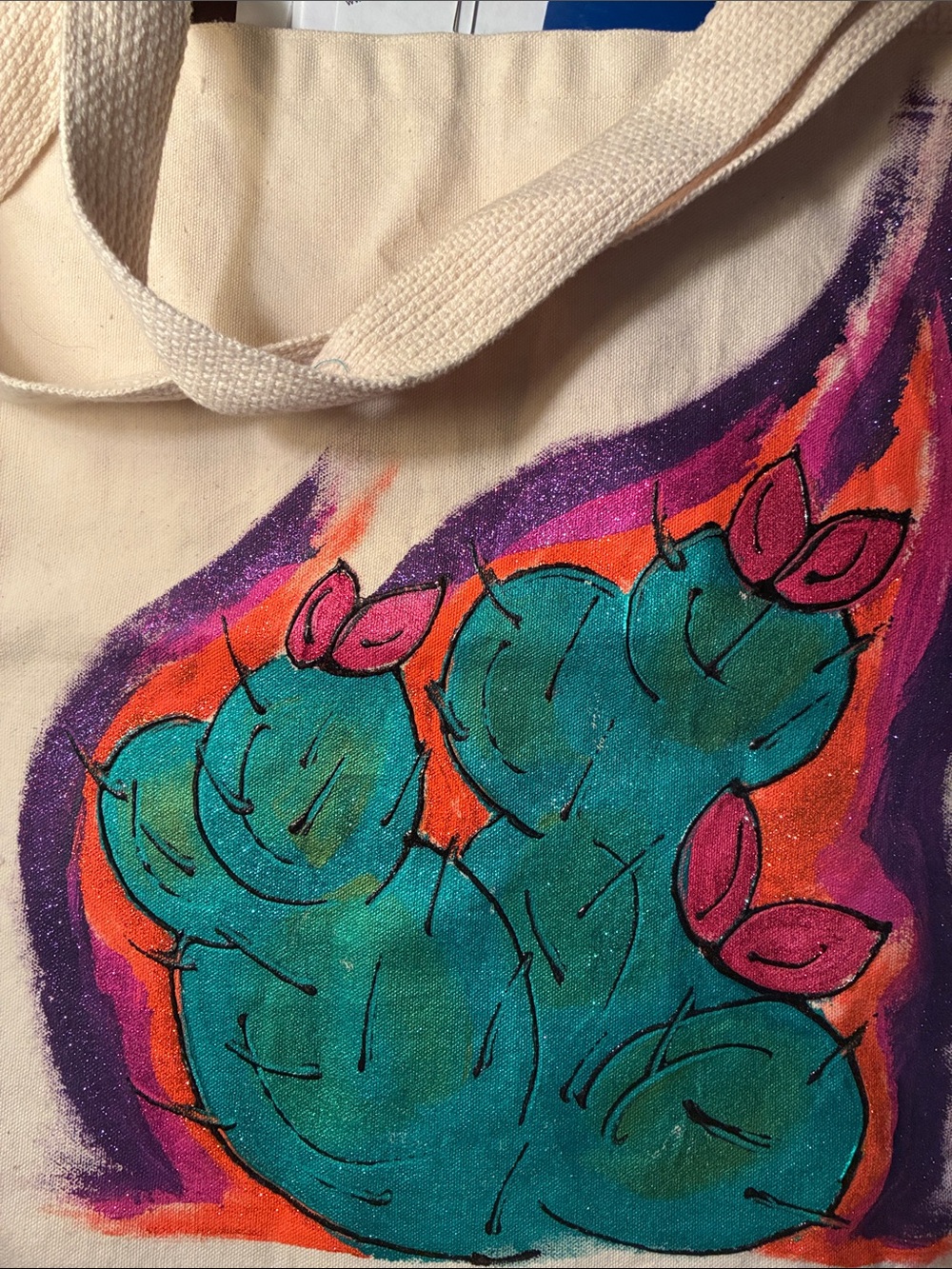 Hand-Painted Teal Cactus Canvas Tote Bag